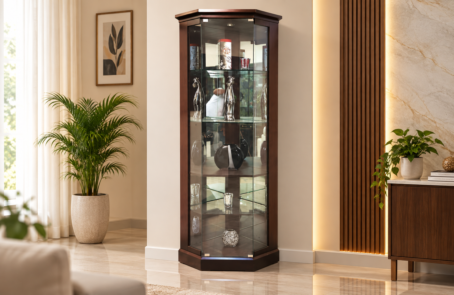 Showcase your collectibles with a modern display cabinet and customized furniture for home