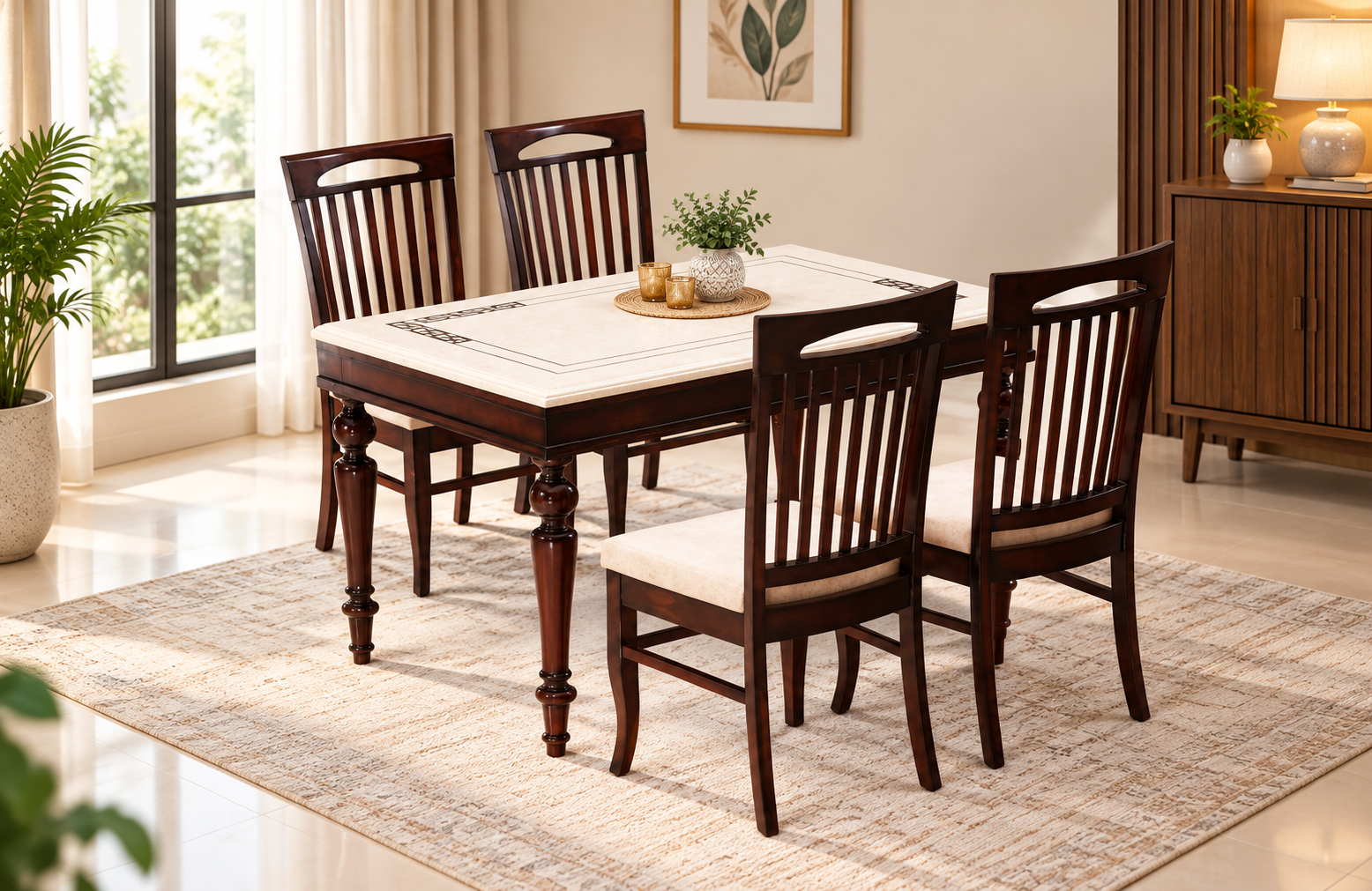 Designing an intimate eating area with a compact 4 seater dining table and sleek modern office furniture layouts